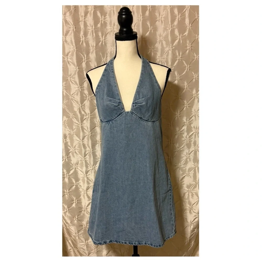 Free People Trevi Denim Halter Mini Dress in Celestial Light Blue Jean - Picture 4 of 16